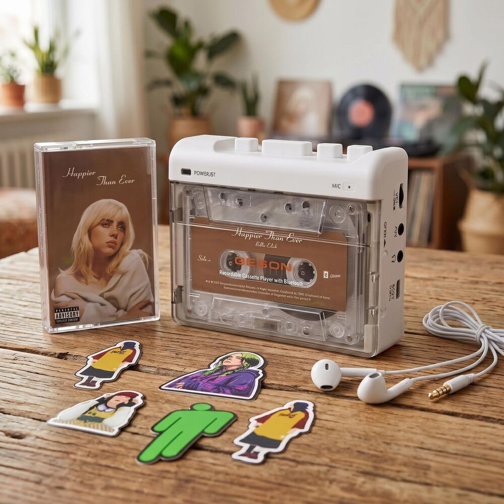 Retro Clear Cassette Player with Billie Eilish Cassette Tape + Stickers
